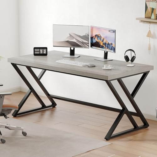 LVB Grey Desk  Industrial Wood Home Office Computer Desk for Bedroom  Farmhouse Metal Wooden Study Work PC Gaming Writing Table  Modern Simple Executive Writing Desk  47 Inch  Light Gray