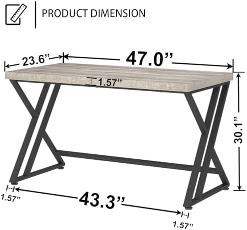 LVB Grey Desk  Industrial Wood Home Office Computer Desk for Bedroom  Farmhouse Metal Wooden Study Work PC Gaming Writing Table  Modern Simple Executive Writing Desk  47 Inch  Light Gray
