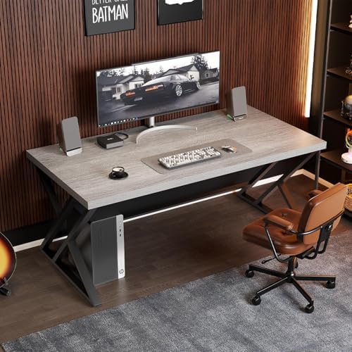 LVB Grey Desk  Industrial Wood Home Office Computer Desk for Bedroom  Farmhouse Metal Wooden Study Work PC Gaming Writing Table  Modern Simple Executive Writing Desk  47 Inch  Light Gray