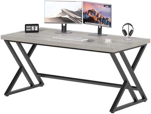 LVB Grey Desk  Industrial Wood Home Office Computer Desk for Bedroom  Farmhouse Metal Wooden Study Work PC Gaming Writing Table  Modern Simple Executive Writing Desk  47 Inch  Light Gray