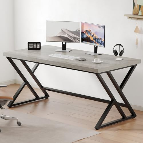 LVB Grey Desk  Industrial Wood Home Office Computer Desk for Bedroom  Farmhouse Metal Wooden Study Work PC Gaming Writing Table  Modern Simple Executive Writing Desk  47 Inch  Light Gray