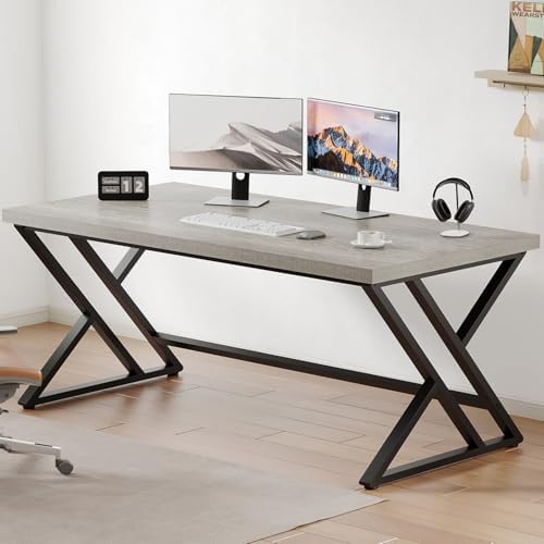 LVB Grey Desk  Industrial Wood Home Office Computer Desk for Bedroom  Farmhouse Metal Wooden Study Work PC Gaming Writing Table  Modern Simple Executive Writing Desk  47 Inch  Light Gray