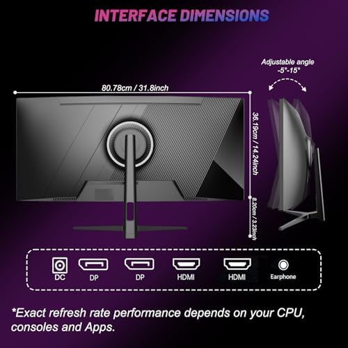 LXZ 34 Inch Gaming Monitor 1500R  3440   1440p 165hz Frameless Display 100  sRGB  Wide Viewing Angle  Display Port HDMI   Black