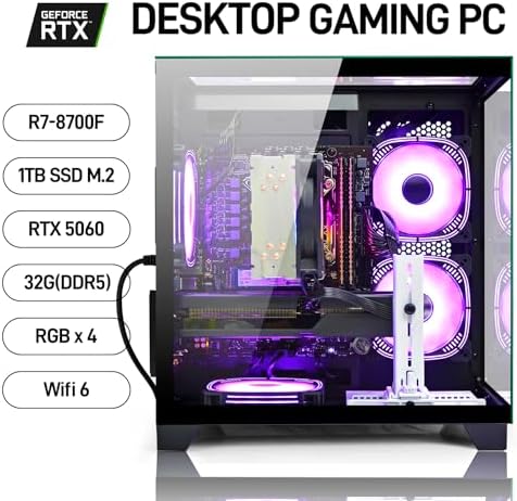 LXZ Gaming PC Desktop Ryzen 7 8700F   32GB DDR5 RAM   GeForce RTX 5060 8GB   High Performance Gaming & Design Computer  Black Tower PC