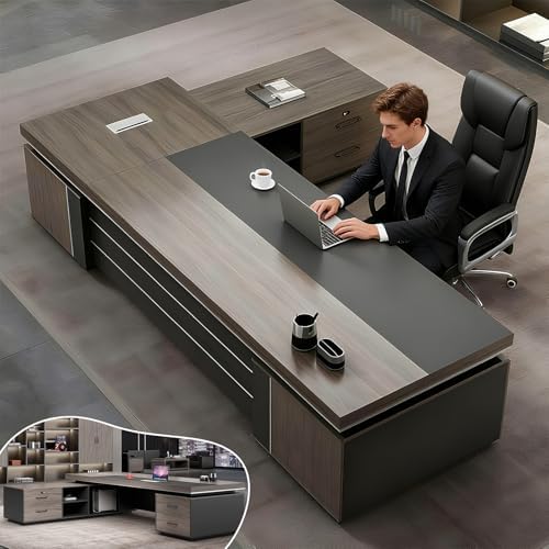 L Shape Modern Executive Desk  Wood Computer Desk with Drawers and Storage  Home Office Desks  L Shaped Office Executive Workbench Without Chair  L Shape Executive Desk  Right  95 L x 63 W x 30 H