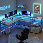 L Shaped Computer Desk with Led Lights 66" Home Office Desk with Power Outlet