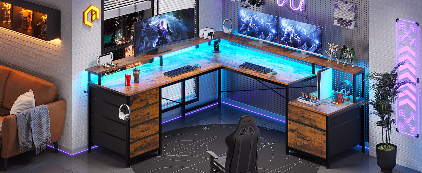 L Shaped Desk with 6 Drawer  108" Home Office Desk with File Drawer