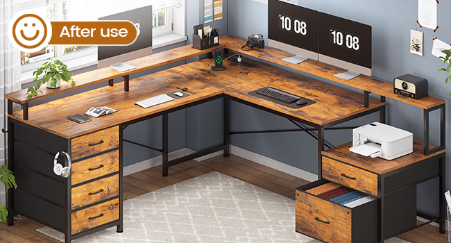 L Shaped Desk with 6 Drawer  108" Home Office Desk with File Drawer