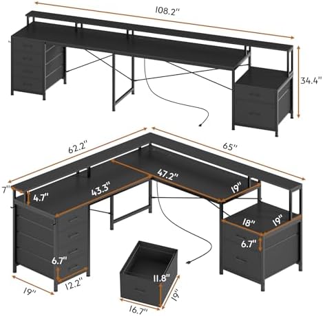 L Shaped Desk with 6 Drawer  108" Home Office Desk with File Drawer