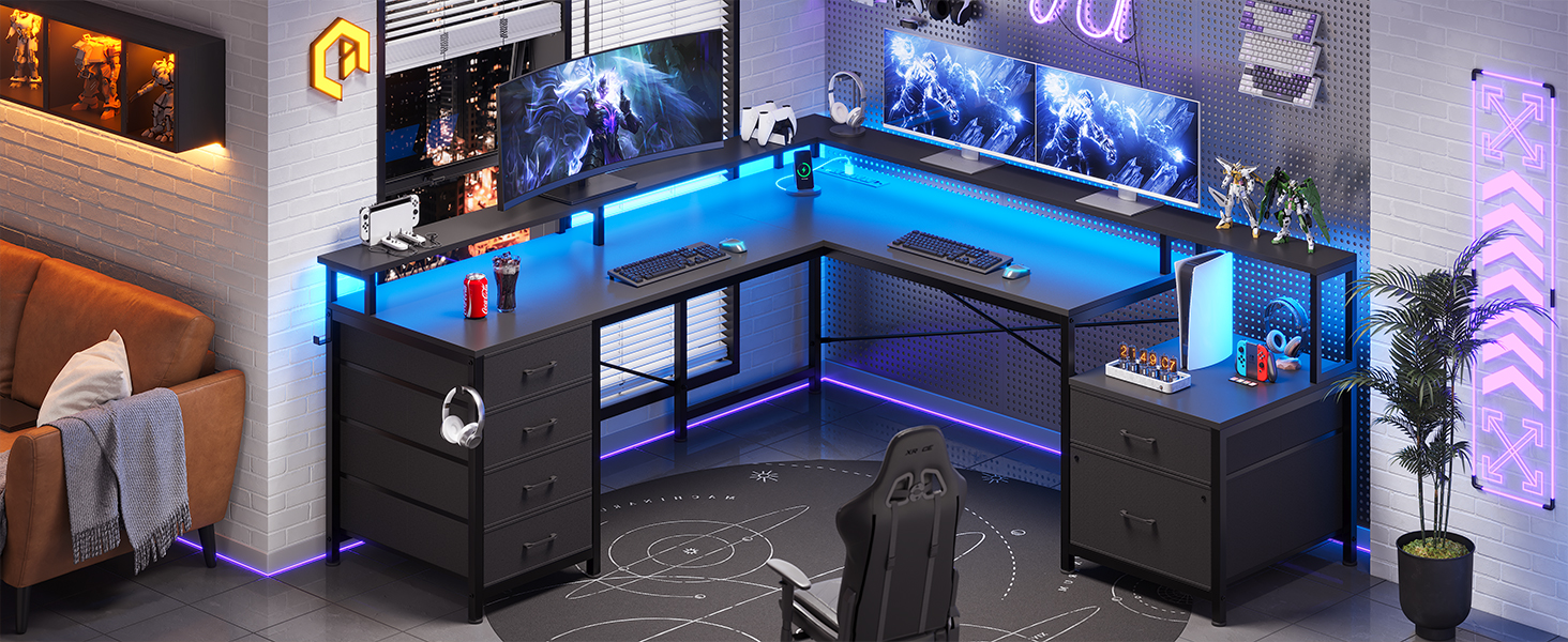 L Shaped Desk with 6 Drawer  108" Home Office Desk with File Drawer