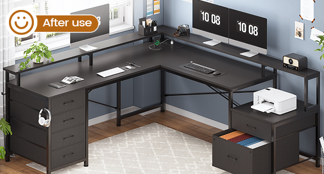 L Shaped Desk with 6 Drawer  108" Home Office Desk with File Drawer