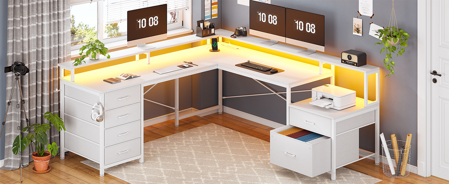 L Shaped Desk with 6 Drawer  108" Home Office Desk with File Drawer