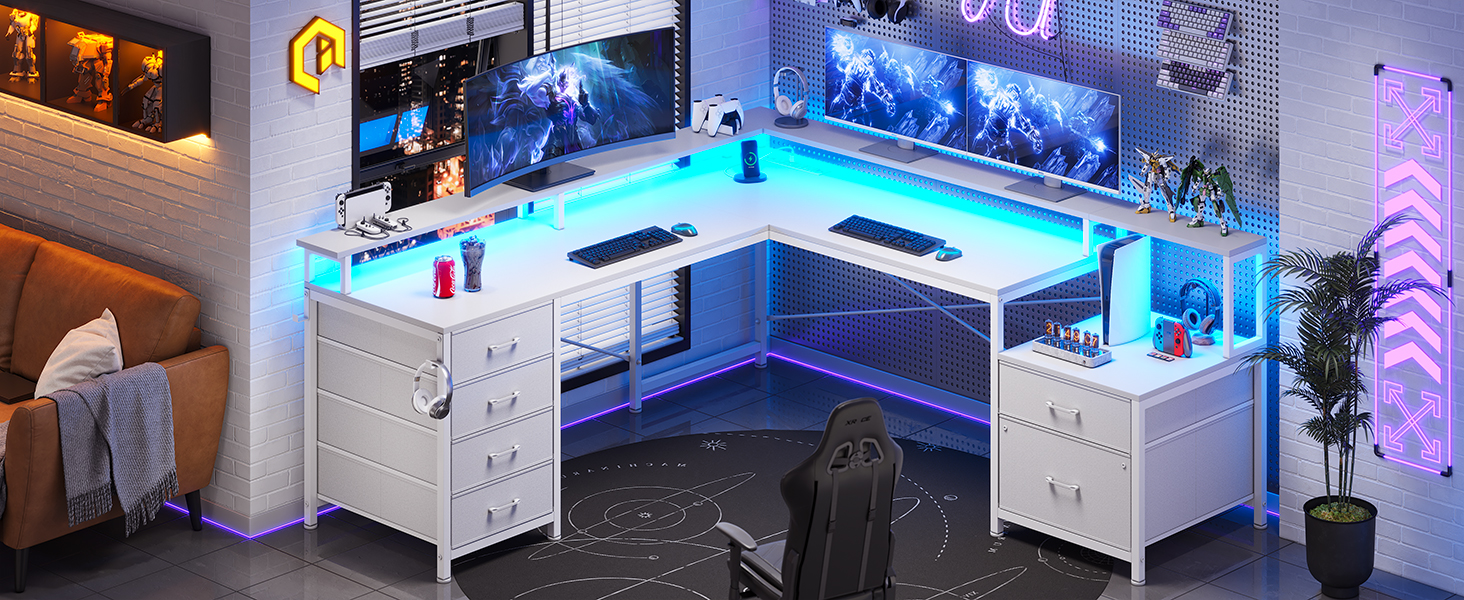 L Shaped Desk with 6 Drawer  108" Home Office Desk with File Drawer