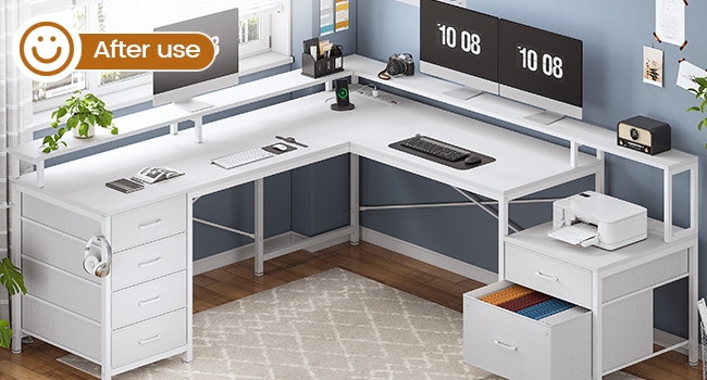 L Shaped Desk with 6 Drawer  108" Home Office Desk with File Drawer