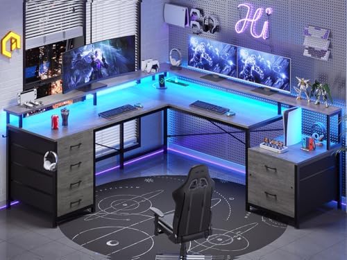 L Shaped Desk with 6 Drawer  108" Home Office Desk with File Drawer