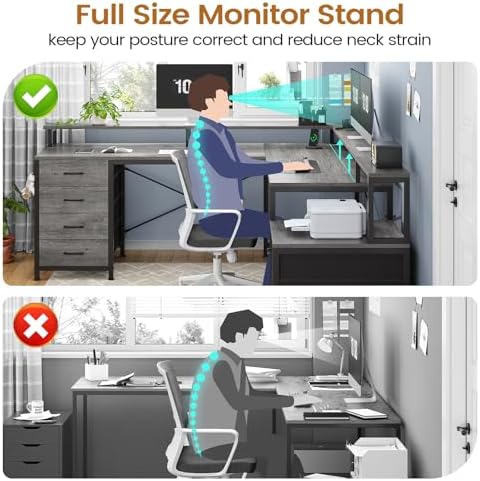 L Shaped Desk with 6 Drawer  108" Home Office Desk with File Drawer