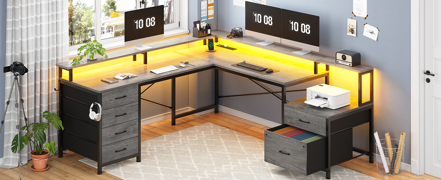 L Shaped Desk with 6 Drawer  108" Home Office Desk with File Drawer