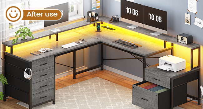 L Shaped Desk with 6 Drawer  108" Home Office Desk with File Drawer