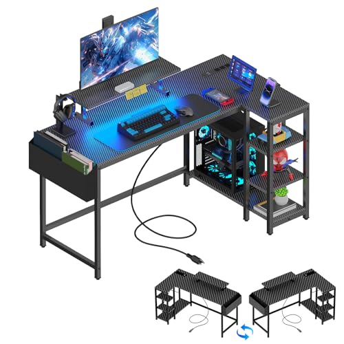 L Shaped Gaming Desk with LED Lights & Power Outlet  40 Reversible Computer Desk with Adjustable Monitor Stand and Storage Shelves Corner Home Office Desk for Small Space Carbon Fiber Black