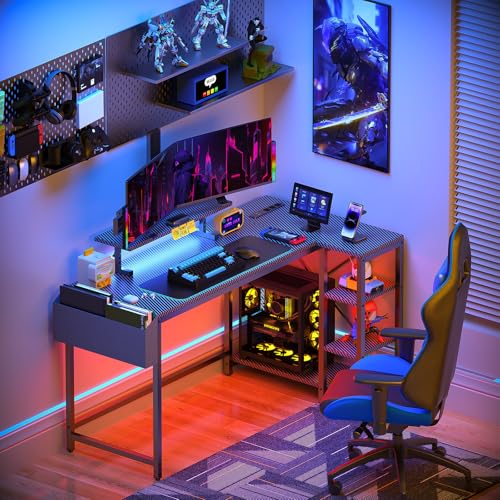 L Shaped Gaming Desk with LED Lights & Power Outlet  40 Reversible Computer Desk with Adjustable Monitor Stand and Storage Shelves Corner Home Office Desk for Small Space Carbon Fiber Black