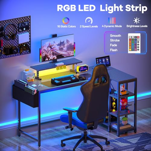 L Shaped Gaming Desk with LED Lights & Power Outlet  40 Reversible Computer Desk with Adjustable Monitor Stand and Storage Shelves Corner Home Office Desk for Small Space Carbon Fiber Black