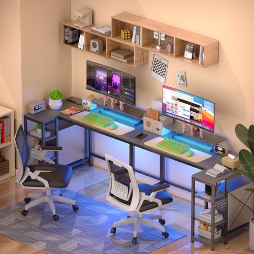 L Shaped Gaming Desk with LED Lights & Power Outlet  40 Reversible Computer Desk with Adjustable Monitor Stand and Storage Shelves Corner Home Office Desk for Small Space Carbon Fiber Black