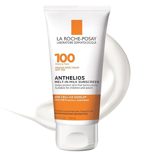 La Roche-Posay Anthelios Melt-In Milk Sunscreen SPF 100, Sunscreen para cuerpo y rostro, de amplio espectro SPF + antioxidantes, libre de aceites, para piel sensible al sol, sin oxibenzona