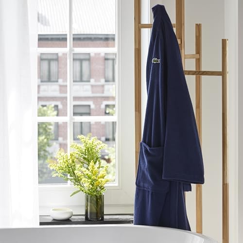 Lacoste Classic Pique Bath Robe  100  Soft Cotton Terry  Unisex Adult Bathrobe  Absorbent & Quick Drying  One Size Fits Most