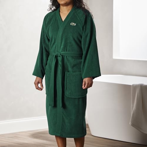 Lacoste Classic Pique Bath Robe  100  Soft Cotton Terry  Unisex Adult Bathrobe  Absorbent & Quick Drying  One Size Fits Most