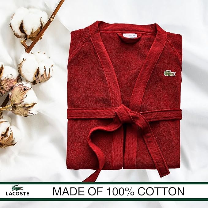 Lacoste Classic Pique Bath Robe  100  Soft Cotton Terry  Unisex Adult Bathrobe  Absorbent & Quick Drying  One Size Fits Most
