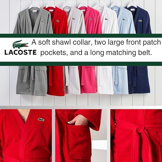 Lacoste Classic Pique Bath Robe  100  Soft Cotton Terry  Unisex Adult Bathrobe  Absorbent & Quick Drying  One Size Fits Most