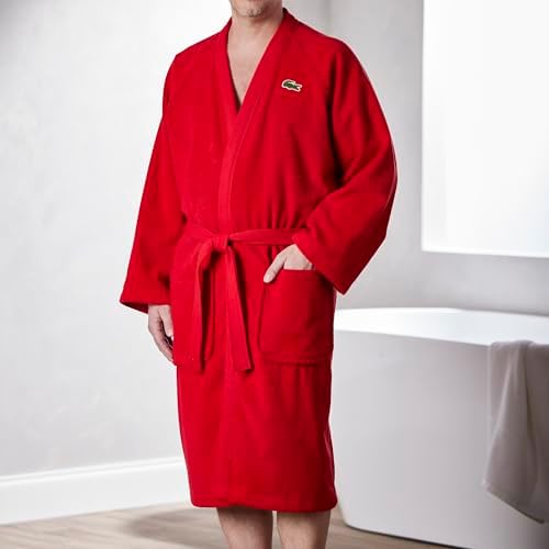 Lacoste Classic Pique Bath Robe  100  Soft Cotton Terry  Unisex Adult Bathrobe  Absorbent & Quick Drying  One Size Fits Most