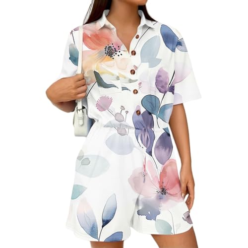 Ladies Rompers & Overalls Summer Wide Leg Shorts Jumpsuits Floral Jumpsuit Button Short Sleeve with Pockets