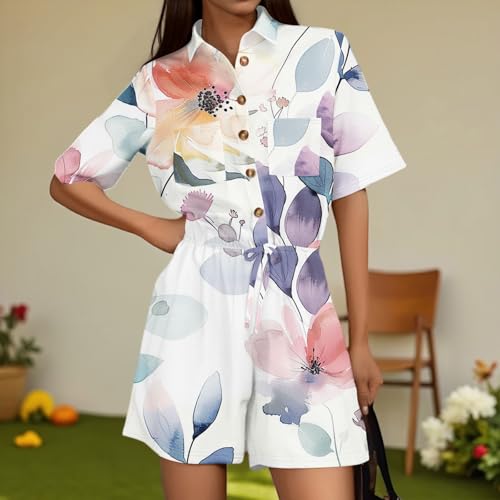 Ladies Rompers & Overalls Summer Wide Leg Shorts Jumpsuits Floral Jumpsuit Button Short Sleeve with Pockets