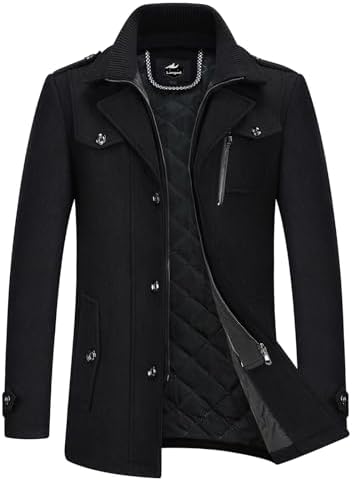 Lamgool Mens Winter Wool Blend Coat Casual Business Single Breasted Peacoat