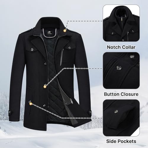 Lamgool Mens Winter Wool Blend Coat Casual Business Single Breasted Peacoat