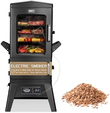 Large Vertical Electric Smoker Grill   633 sq in   4 Rack BBQ Smoker with Built in Meat Probe  Wood Chip Loader &Weather Resistant Cover   Perfect for Steak  Fish  Ribs  Black