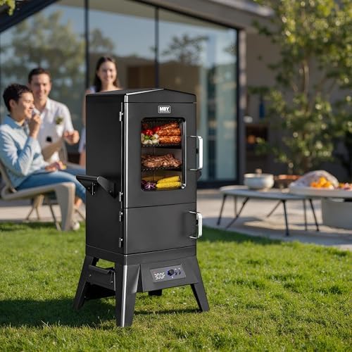 Large Vertical Electric Smoker Grill   633 sq in   4 Rack BBQ Smoker with Built in Meat Probe  Wood Chip Loader &Weather Resistant Cover   Perfect for Steak  Fish  Ribs  Black