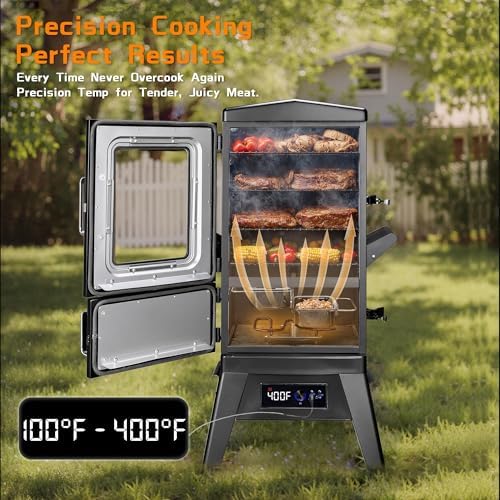 Large Vertical Electric Smoker Grill   633 sq in   4 Rack BBQ Smoker with Built in Meat Probe  Wood Chip Loader &Weather Resistant Cover   Perfect for Steak  Fish  Ribs  Black