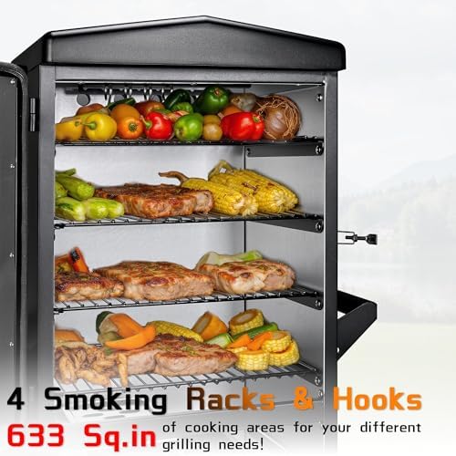 Large Vertical Electric Smoker Grill   633 sq in   4 Rack BBQ Smoker with Built in Meat Probe  Wood Chip Loader &Weather Resistant Cover   Perfect for Steak  Fish  Ribs  Black