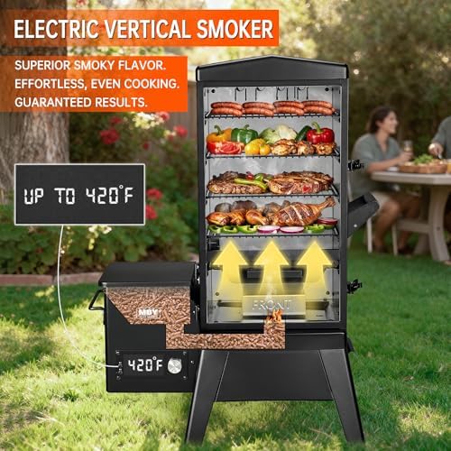 Large Vertical Electric Smoker Grill   633 sq in   4 Rack BBQ Smoker with Built in Meat Probe  Wood Chip Loader &Weather Resistant Cover   Perfect for Steak  Fish  Ribs  Black