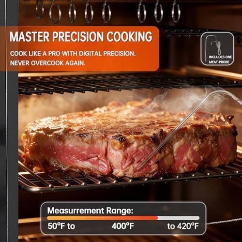 Large Vertical Electric Smoker Grill   633 sq in   4 Rack BBQ Smoker with Built in Meat Probe  Wood Chip Loader &Weather Resistant Cover   Perfect for Steak  Fish  Ribs  Black