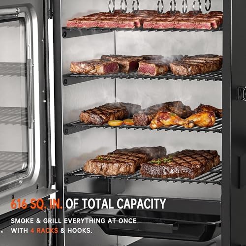 Large Vertical Electric Smoker Grill   633 sq in   4 Rack BBQ Smoker with Built in Meat Probe  Wood Chip Loader &Weather Resistant Cover   Perfect for Steak  Fish  Ribs  Black