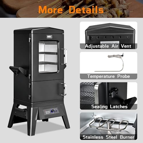 Large Vertical Electric Smoker Grill   633 sq in   4 Rack BBQ Smoker with Built in Meat Probe  Wood Chip Loader &Weather Resistant Cover   Perfect for Steak  Fish  Ribs  Black
