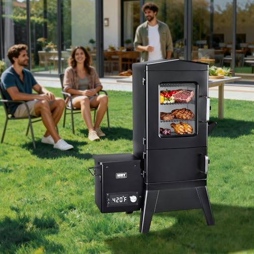 Large Vertical Electric Smoker Grill   633 sq in   4 Rack BBQ Smoker with Built in Meat Probe  Wood Chip Loader &Weather Resistant Cover   Perfect for Steak  Fish  Ribs  Black