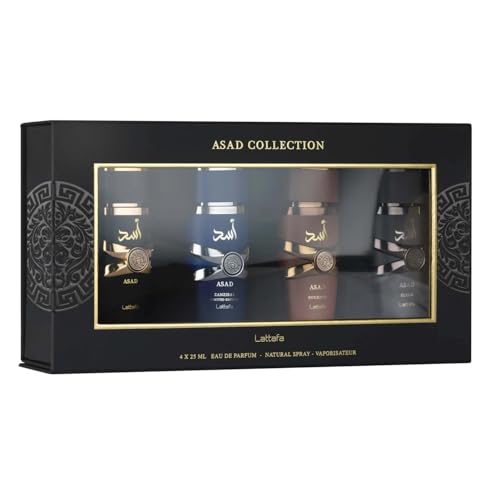Lattafa Asad 4 Piece Gift Set 25ml   Mens Oriental Fragrance Collection   Asad  Elixir  Bourbon & Asad Zanzibar LE