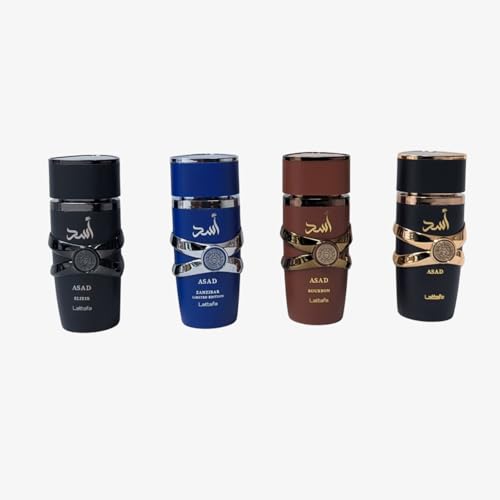 Lattafa Asad 4 Piece Gift Set 25ml   Mens Oriental Fragrance Collection   Asad  Elixir  Bourbon & Asad Zanzibar LE