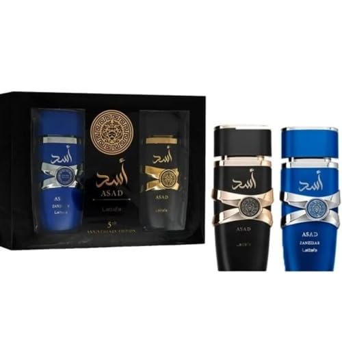 Lattafa Asad 5th Anniversary Edition   Spicy  Woody  Amber  Sweet   2 Piece Eau de Parfum Gift Set for Men  Asad   Asad Zanzibar  2   3 4 Ounce / 100 ml Sprays 