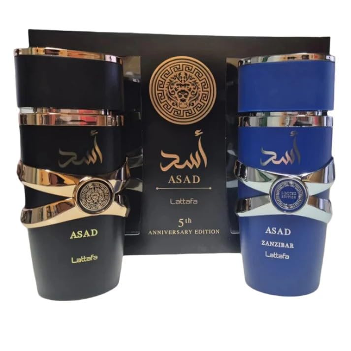 Lattafa Asad 5th Anniversary Edition   Spicy  Woody  Amber  Sweet   2 Piece Eau de Parfum Gift Set for Men  Asad   Asad Zanzibar  2   3 4 Ounce / 100 ml Sprays 