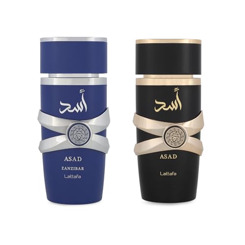 Lattafa Asad 5th Anniversary Edition   Spicy  Woody  Amber  Sweet   2 Piece Eau de Parfum Gift Set for Men  Asad   Asad Zanzibar  2   3 4 Ounce / 100 ml Sprays 